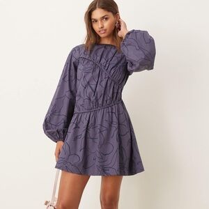 ASOS Design asymmetric seamed ruched mini dress in blue squiggle floral